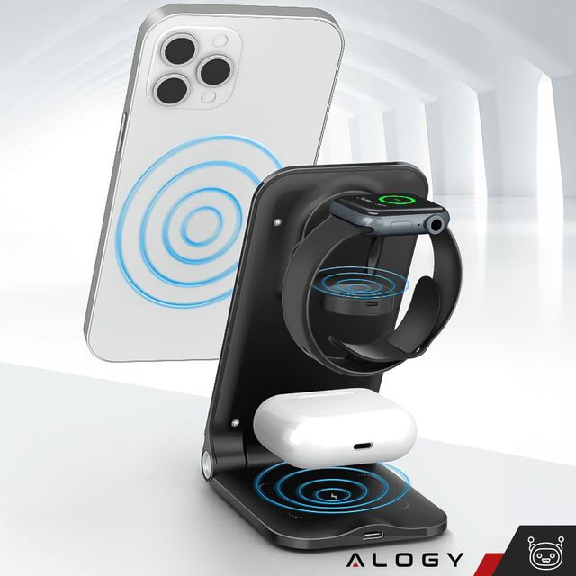 Alogy 3in1 QI Induktionsladegerät für Apple iPhone, Airpods, Watch 15W 3W Schwarz