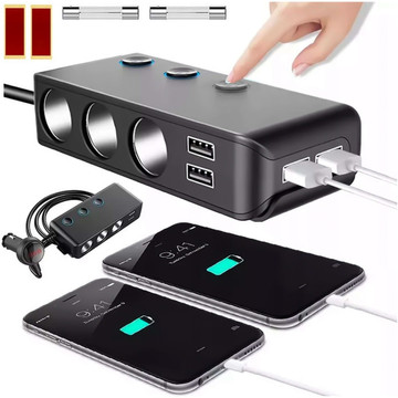 Cigarette lighter socket splitter x3 car 4x USB QC 12-24V Charger Adapter switch 120W Alogy Black