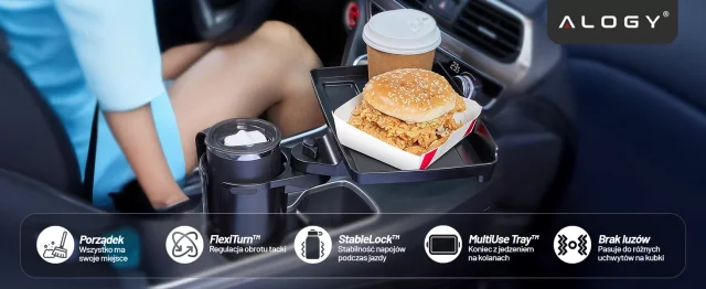 Uchwyt Samochodowy na Kubek i Butelkę Telefon z Obrotowym Stoliczkiem 360°, Mobilny Organizer 2w1, Alogy MultiUse Tray™ – Czarny