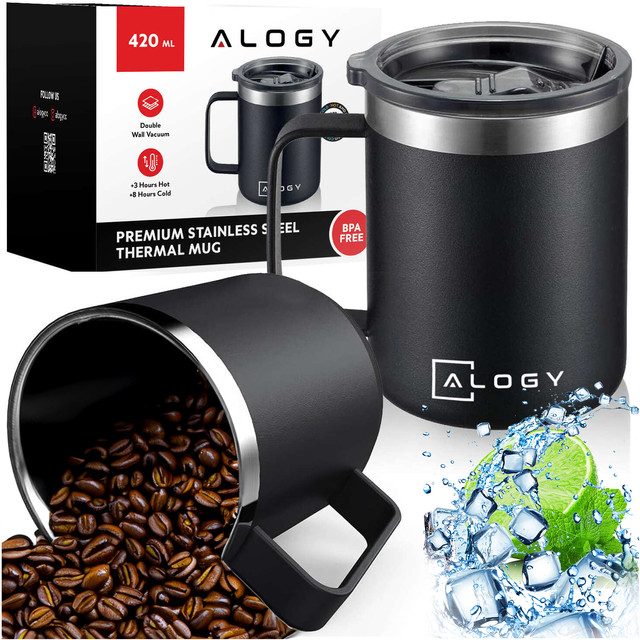 Thermobecher-Set mit 2 Tassen. Thermobecher 420 ml mit Griffdeckel für Kaffee, Tee, Stahl, Alogy Black