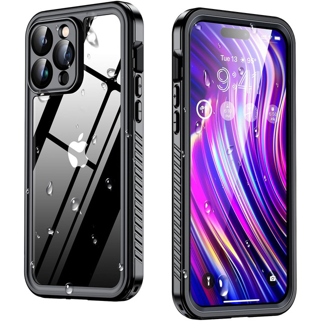 Hülle für iPhone 14 Pro Max, wasserdicht, gepanzert, 360-Grad-Hülle, Hybridlinse, Kameraschutz, IP68, wasserdicht, Schwarz