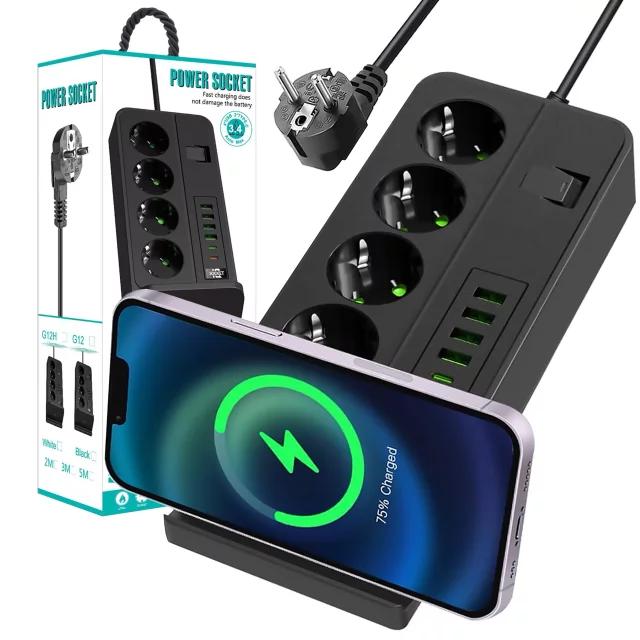 Rozgałęźnik gniazdka Alogy Plug Extender rozdzielacz adapter przedłużacz 3m z ładowarką Qi indukcyjną 4x wtyczka EU + 4x USB + 2x USB-C Czarny
