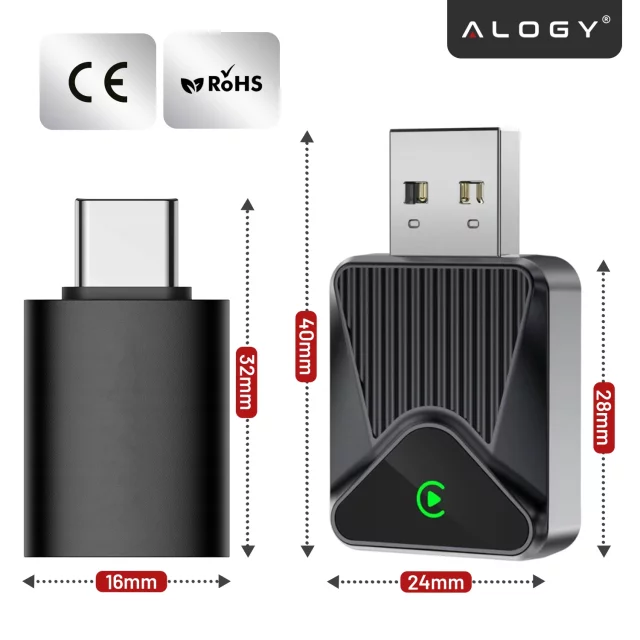 Adapter Bezprzewodowy Apple CarPlay i Android Auto do Auta, Plug & Play z Portem USB-A + Przejściówka USB-C, Szybkie Połączenie i Stabilna Transmisja, Alogy DriveLink™