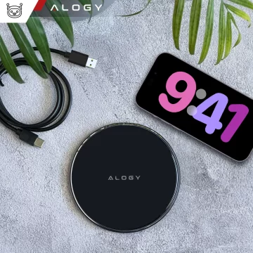 QI wireless inductive charger 20W fast LED Alogy round strong USB-C cable Black