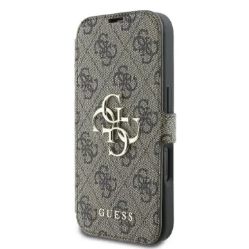 Guess 4G Metal Logo Book Case do iPhone 16 6,1″ – brązowe, z funkcją podstawki