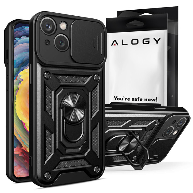 Obrněné pouzdro pro iPhone 15 Plus Camshield Case Ring Alogy Stand s posuvným krytem fotoaparátu černé sklo