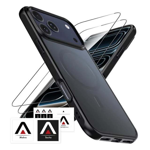 Zestaw 3w1 Etui Hybrydowe MagSafe + 2x Szkło Hartowane do Apple iPhone 17 Pro, Wzmocniona Ochrona, Odporne i Precyzyjnie Dopasowane, Alogy 3in1 Case Pack™ – Czarne