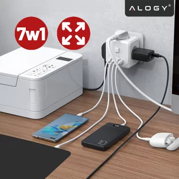 Síťový splitter splitter Adaptér nabíječky zloděj 3 zásuvky EU 3x USB USB-C C 7v1 Alogy Bílá