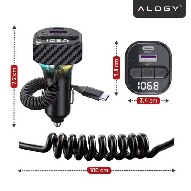 Bluetooth 5.3 FM Transmitter with PD 30W QC3.0 Car Charger, USB-C Spring Cable, Pendrive Support, 7 Color LED Backlight – Alogy CarTune™ Black