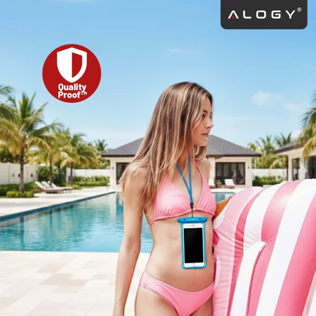 Etui Wodoodporne Uniwersalne IPX8 do Telefonów do 6.5", Wodoszczelna Ochrona na Plażę, Basen i Kajak, Dotykowy Front i Pasek na Szyję, Alogy HydroShield™ – Niebieskie