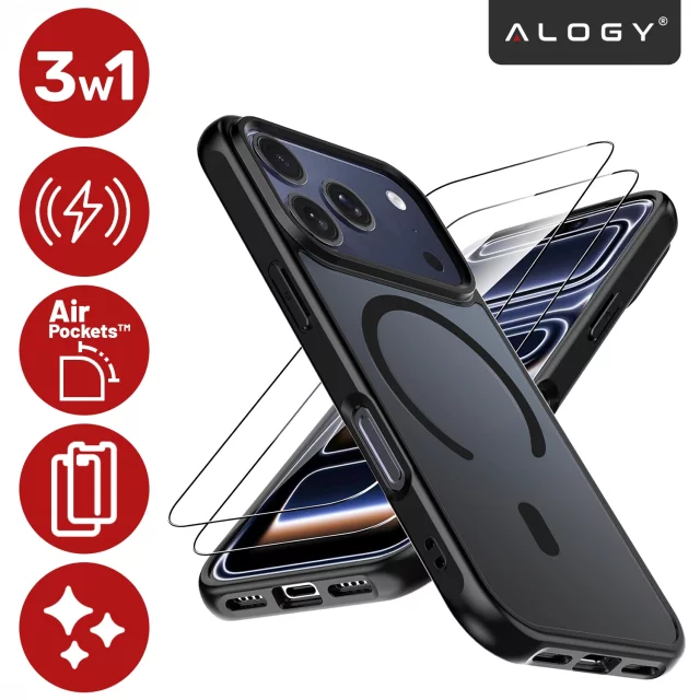 Alogy 3in1 Case Pack™ – Schwarze MagSafe Hybrid-Hülle mit 2 Displayschutzfolien aus gehärtetem Glas für Apple iPhone 17 Pro Max