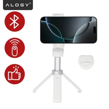Selfie Stick Mini Tripod stabilny kompaktowy lekki Kijek do Selfie i Statyw Rozkładany 360° z Pilotem Bluetooth 10m, Stojak do Zdjęć i Nagrywania, Alogy FlexiShot™ Biały