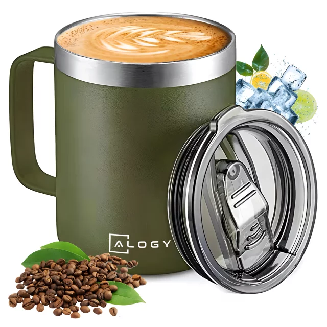 Thermal mug 420 ml with handle and lid for coffee, tea, steel, cold and hot drinks Alogy Green
