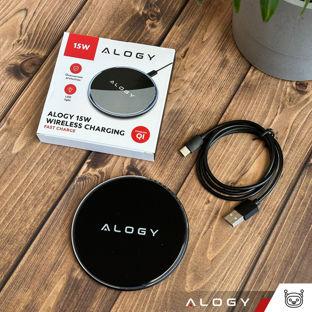 QI bezdrátová indukční nabíječka 15W rychlá LED Alogy kulatá pro iPhone USB-C kabel Černá