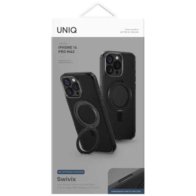 UNIQ Swivix 360 Rotating Kickstand Case Black for iPhone 16 Pro Max