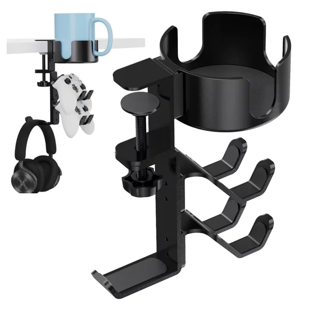 Uchwyt do biurka wielofunkcyjny – na kubek, pady i słuchawki, mocowanie do blatu, antypoślizgowy i stabilny – Alogy DeskClamp™ Czarny