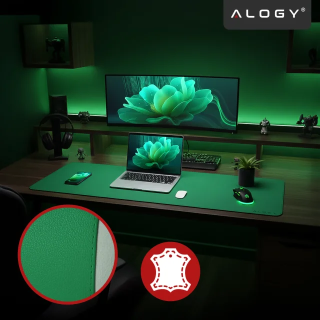 Podkładka na biurko 90×45 cm – antypoślizgowa mata ochronna z eleganckiej ekoskóry PU, pod mysz i klawiaturę, stylowa i trwała – Alogy WorkMat™ Zielona
