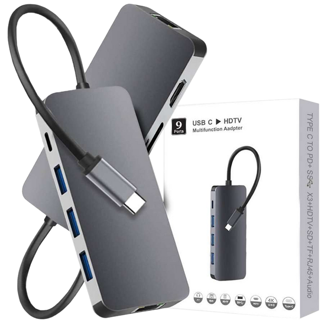 Adaptér Alogy HUB 9w1 HDMI 4K RJ45 USB-C PD 3xUSB AV SD/TF/microSD