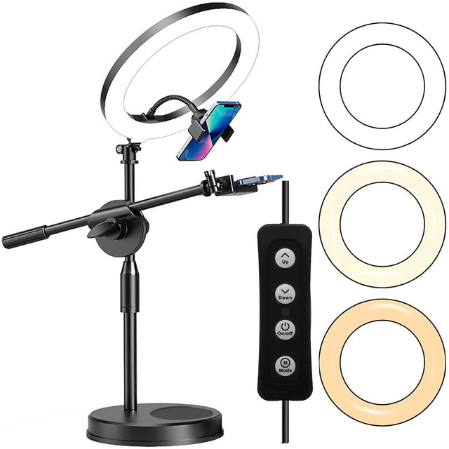 Ring LED ring lamp 10" 2x phone holder standing tripod on desk with adjustable frame Alogy Black