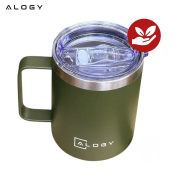 Thermal mug 420 ml with handle and lid for coffee, tea, steel, cold and hot drinks Alogy Green
