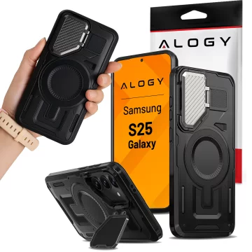 Pouzdro pro Samsung Galaxy S25 s vyztuženou pancéřovanou ochranou objektivu MagSafe s funkcí stojánku, ochranné pouzdro na telefon Alogy HeavyDuty Mag™️Black