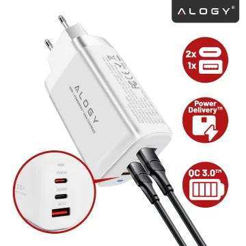 Alogy GaNCharge Kompaktes 3-in-1-Wandladegerät, schnelles Laden, GaN3, 65 W, USB-A, 30 W, 2 x USB-C, 65 W, Weiß