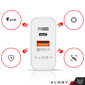 Rychlé USB-A QC 3.0 Quick Charge USB-C PD 33W 65W nástěnná nabíječka Alogy White