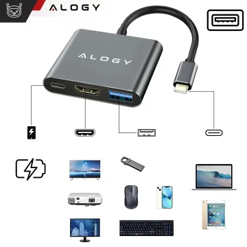 HUB 3v1 adaptér USB-C na HDMI USB-A USB-C 4K 60Hz Alogy šedá