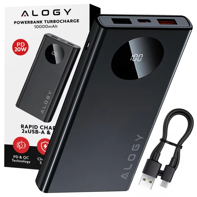 PowerBank 10000mAh z Technologią PD 120W, Szybkie Ładowanie PowerDelivery, Porty 2x USB-A i 1x USB-C, Wysoka Moc i Kompaktowy Design, Alogy TurboCharge™ – Czarny