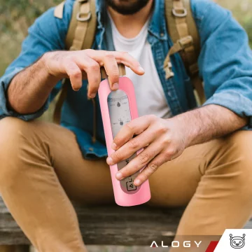 Velká skleněná láhev na pití Alogy Motivační odměrka 1l 1000ml silikonové pouzdro Růžové