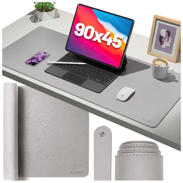 Podkładka na biurko 90×45 cm – antypoślizgowa mata ochronna z eleganckiej ekoskóry PU, pod mysz i klawiaturę, stylowa i trwała – Alogy WorkMat™ Szara