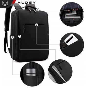Rucksack Laptoptasche 15,6" groß wasserdicht mit USB-Anschluss Unisex 41x29x12cm für Flugzeug Alogy Rucksack Schwarz