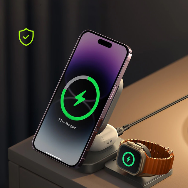 Qi Mag Safe 15W indukční nabíječka pro iPhone Apple Watch AirPods bezdrátová dokovací stanice 3v1 černá