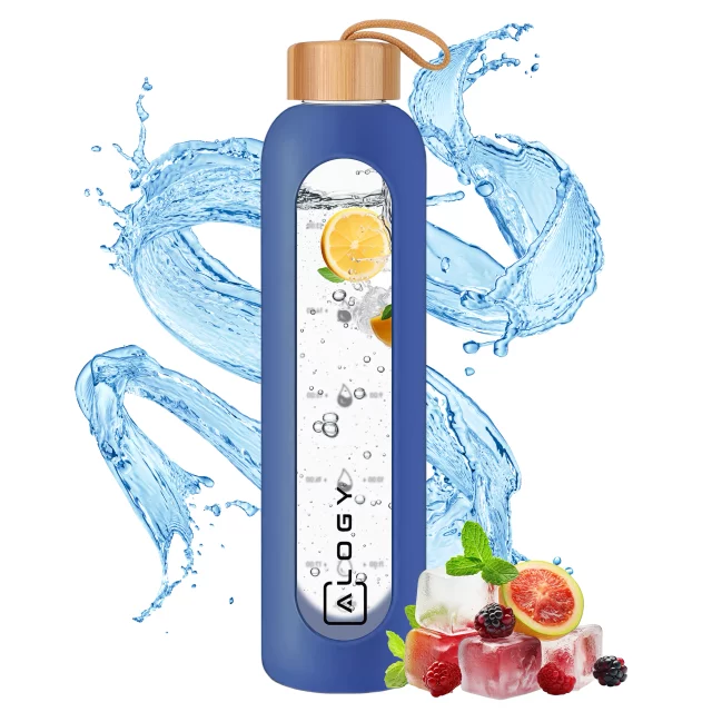 Alogy Large Glass Bottle Drinking Bottle Motivational Measuring Cup 1l 1000ml Silicone Case Blue