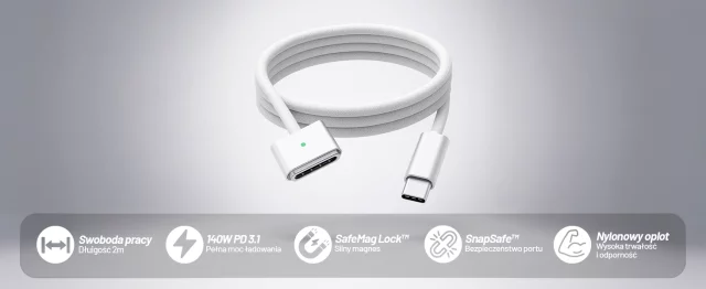 Kabel zasilający USB-C do MagSafe 3 – szybkie ładowanie 140W, przewód 2 m, do Apple MacBook, wytrzymały i bezpieczny – Alogy PowerLink™ Biały