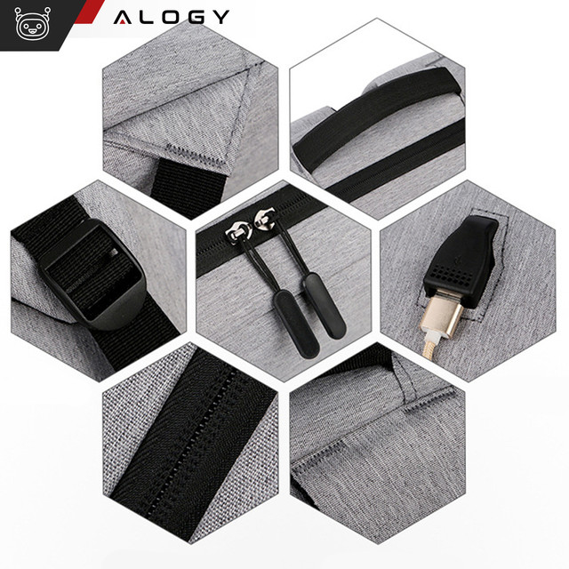 Plecak torba na laptopa 15,6" duży wodoodporny z portem USB Unisex 44x34x13cm do samolotu Alogy Backpack Szary