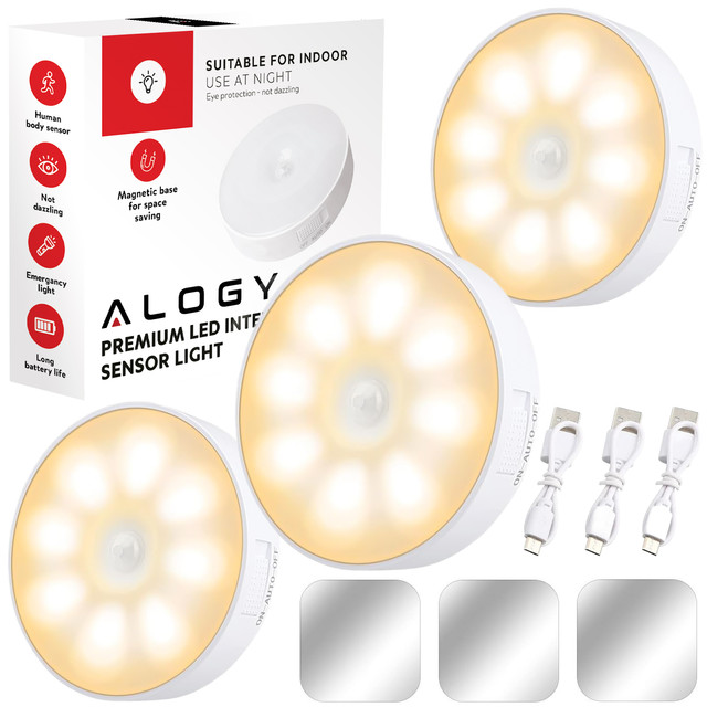 3x Lampa LED pohybový senzor soumrak noční lampa Alogy Sensor Light Bezdrátové osvětlení nábytku Teplé světlo 3000k