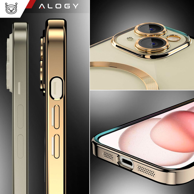 Etui MagSafe Case do iPhone 15 Plus Glamour Luxury obudowa Slim Ring Alogy Złoty przezroczysty + Szkło