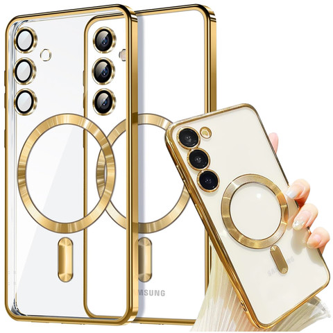 Case for Samsung Galaxy S24 Plus Mag Safe Glamor Case Ring Housing Camera Protection Alogy Gold Transparent