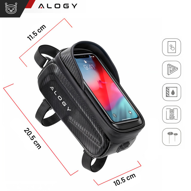 Bicycle bag case for phone 6.7 inch bag bicycle frame holder capacious 2l waterproof Black Alogy