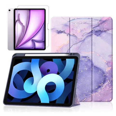 Etui hybrydowe z miejscem na rysik do Apple iPad Air 11" (2024,2025) / Air 10.9" (2020,2022) / Pro 11 (2018) Alogy Hybrid Book Cover Case Marble Fioletowe + Szkło