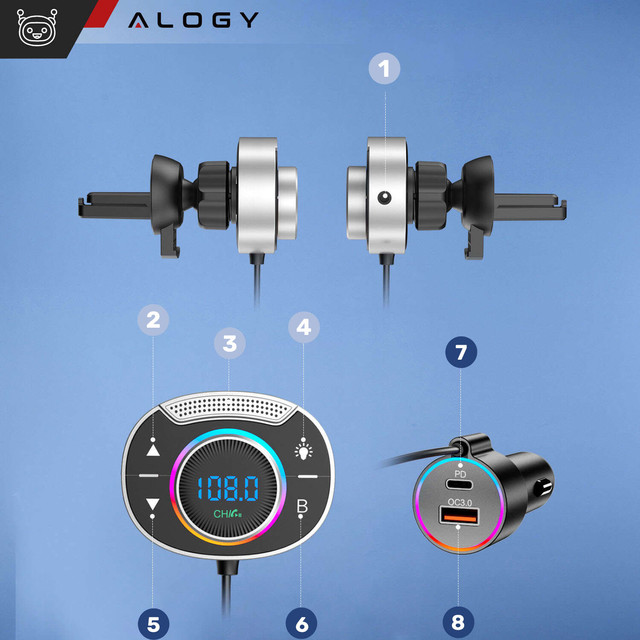 Bluetooth Audio FM MP3 BT Transmitter Fast USB Car Charger QC 3.0 USB-C Type C PD for Alogy Car