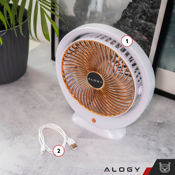 Schreibtischventilator, Standventilator, leistungsstark, klein, tragbar, kabellos, 1200 mAh, USB-C, Alogy White