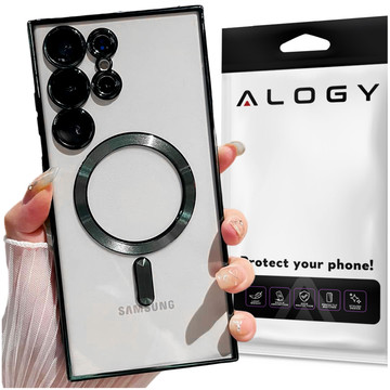 Case for Samsung Galaxy S24 Ultra Mag Safe Glamor Case Ring Housing Camera Protection Alogy Black Transparent Glass