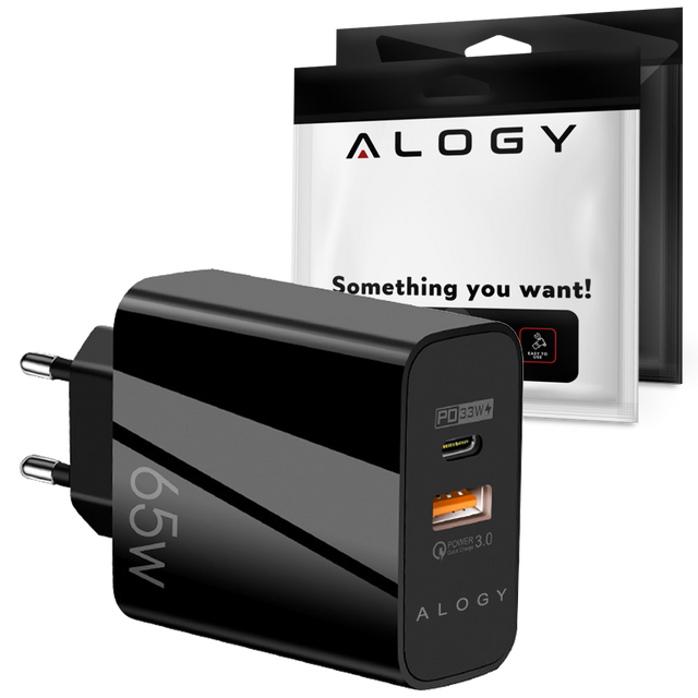 Schnelles 65-W-Wandladegerät 2x USB-C Typ C PD USB-A USB Alogy 3 Ports stark Schwarz