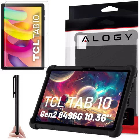 Glashülle für TCL TAB 10 Gen2 8496G 10,36 Zoll 10,4 Tablet-Hülle, Silikon, Alogy Standhülle, Schwarz, Stylus gratis