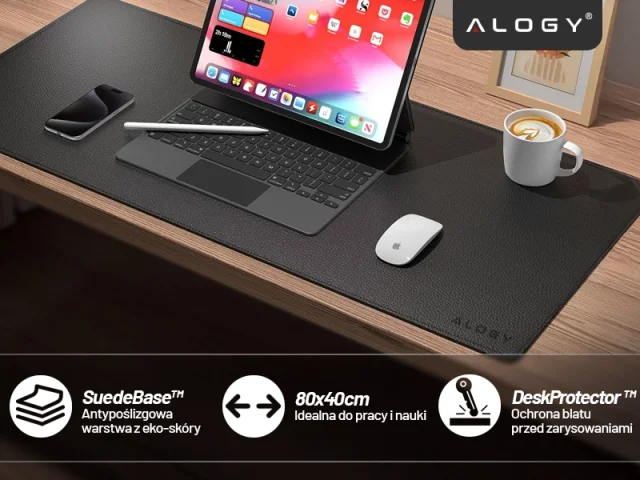 Podkładka na biurko 80×40 cm – antypoślizgowa mata ochronna z eleganckiej ekoskóry PU, pod mysz i klawiaturę, stylowa i trwała – Alogy WorkMat™ Czarna