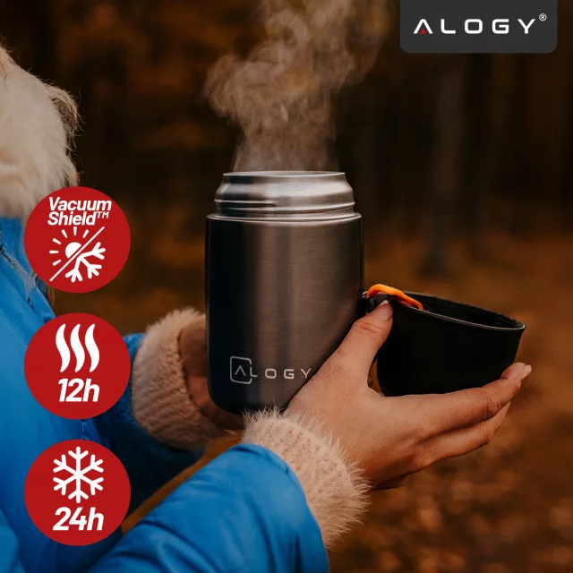 Termos pojemnik obiadowy na jedzenie żywność zupę lód dla dzieci 700ml Alogy ze stali nierdzewnej + składana łyżeczka termiczny szary