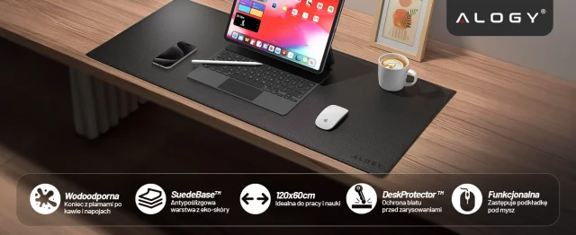 Podkładka na biurko 120×60 cm – antypoślizgowa mata ochronna z eleganckiej ekoskóry PU, pod mysz i klawiaturę, stylowa i trwała – Alogy WorkMat™ Czarna