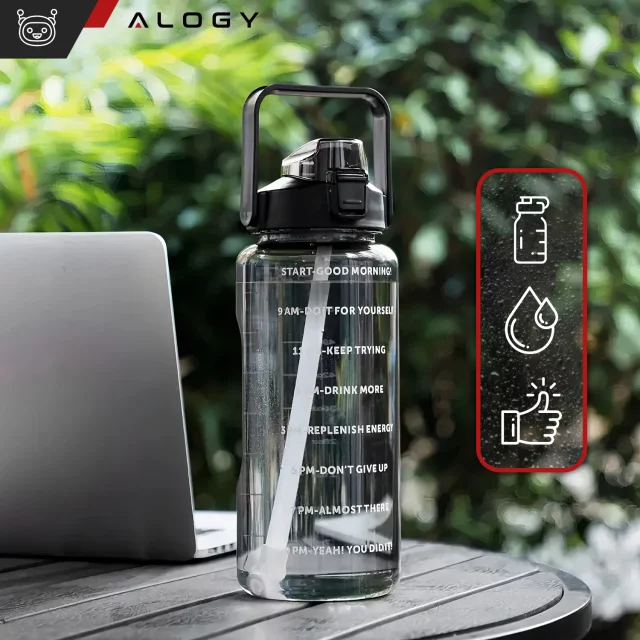 Große Flasche, Trinkflasche Alogy MotivHydro Motivational Messbecher 2l 2000ml Schwarz
